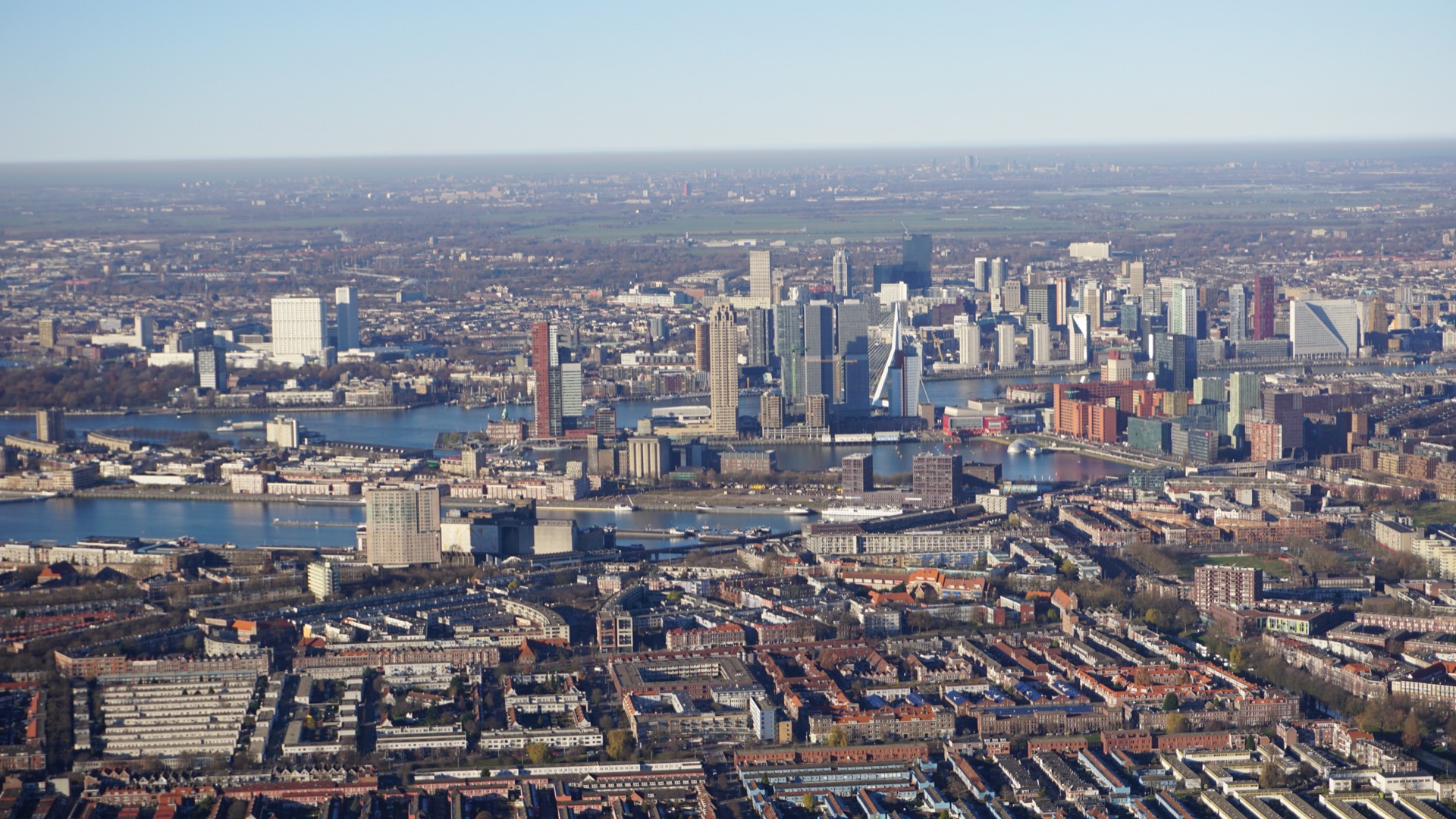 Rotterdam skyline and Maas waterfront from above